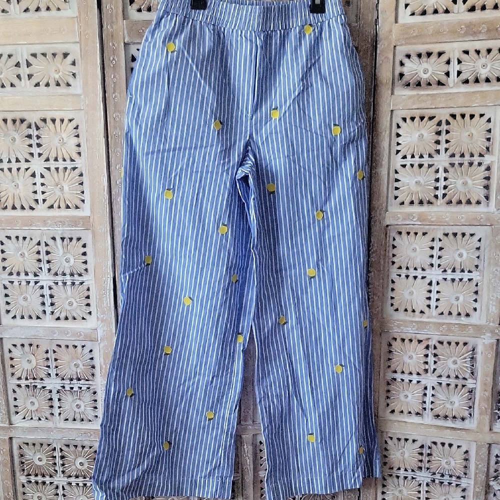Nicole Miller Blue & White Striped Wide-Leg Pants with Embroidered Lemon Accents
